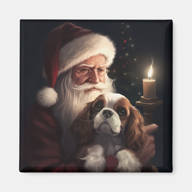 Cavalier King With Santa Claus Festive Christmas Magnet (Front)