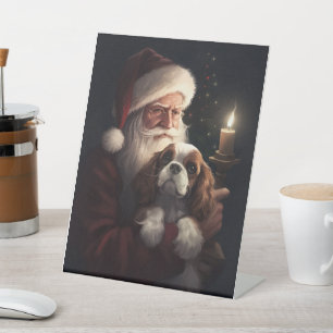 Cavalier King With Santa Claus Festive Christmas Pedestal Sign
