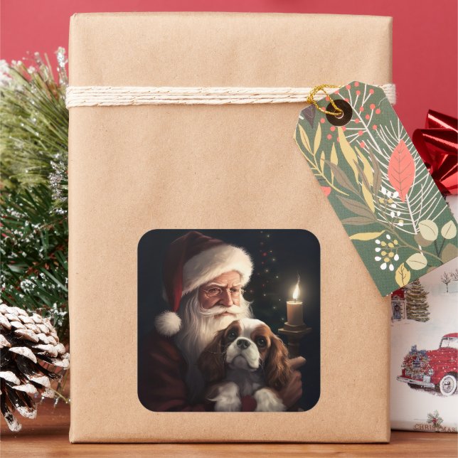 Cavalier King With Santa Claus Festive Christmas Square Sticker (Holiday)