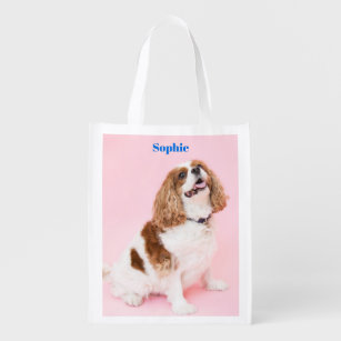 Cavalier Spaniel Dog or Your Photo, Blue Name Vs 2 Reusable Grocery Bag