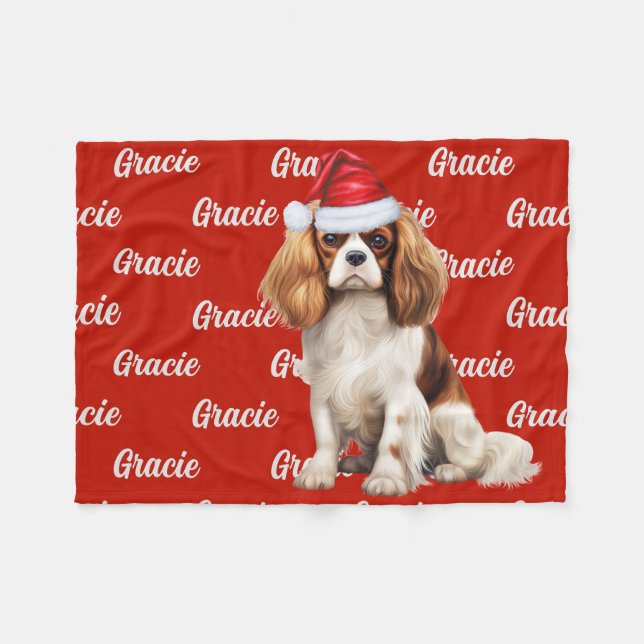 Cavalier Spaniel Dog with Name Patterned Christmas Fleece Blanket (Front (Horizontal))