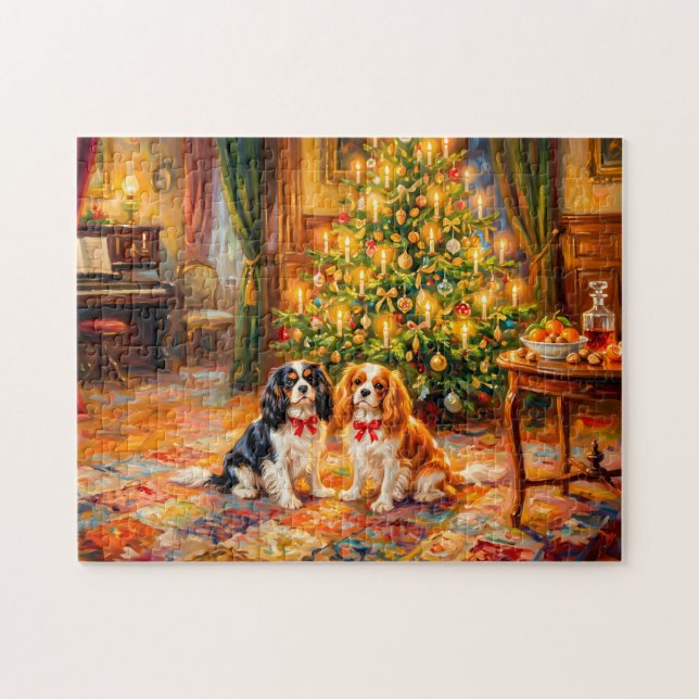 Cavalier Spaniels at the Christmas Tree Jigsaw Puzzle (Horizontal)