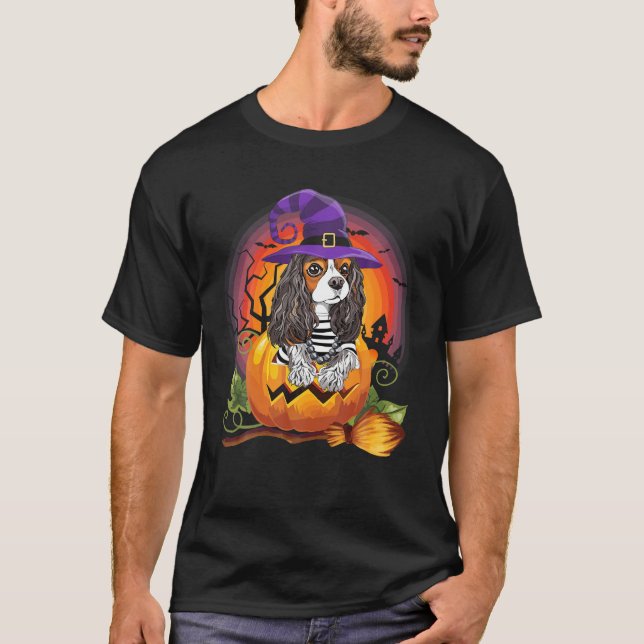 Cavalier Witch Pumpkin Halloween Dog Lover Costume T-Shirt (Front)