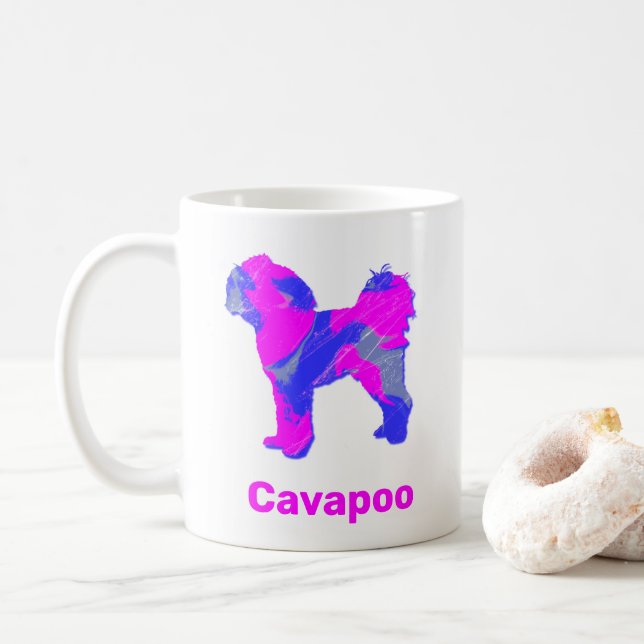 Cavapoo Crazy Hot Pink et Blue White Coffee Mug (Avec donut)