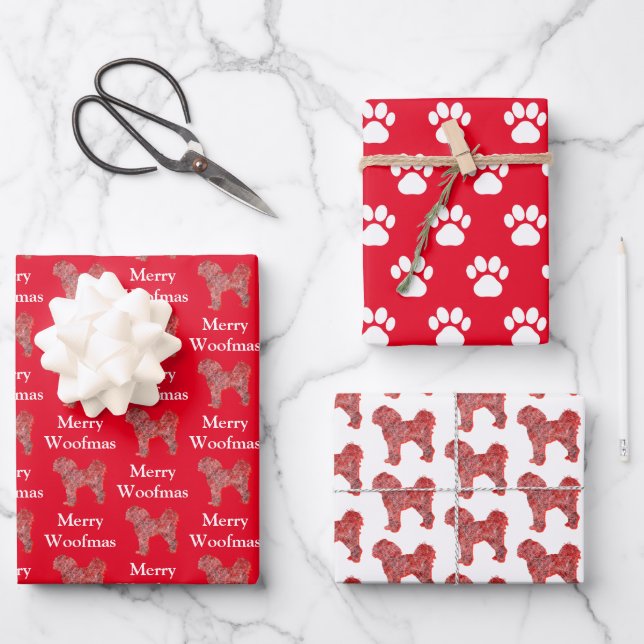 Cavapoo Cute Dog Silhouette Red Merry Woofmas Wrapping Paper Sheet (Front)