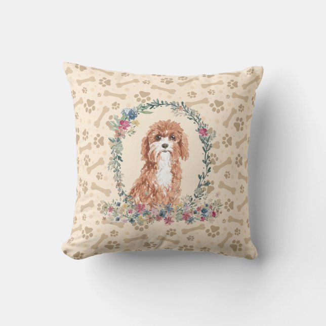 Cavapoo Dog Paw Print & Floral Cute Throw Pillow (Front)