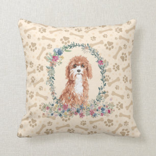 Cavapoo Dog Paw Print & Floral Cute Throw Pillow