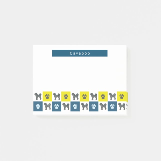 Cavapoo Dog & Paw Yellow & Blue Grids Post-it Notes (Front)