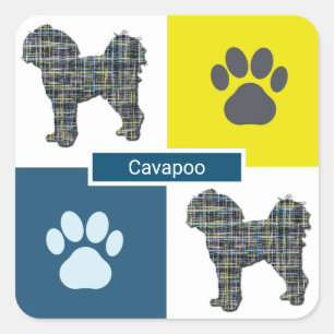 Cavapoo Dog Silhouette & Paw Y&B Grid Square Sticker