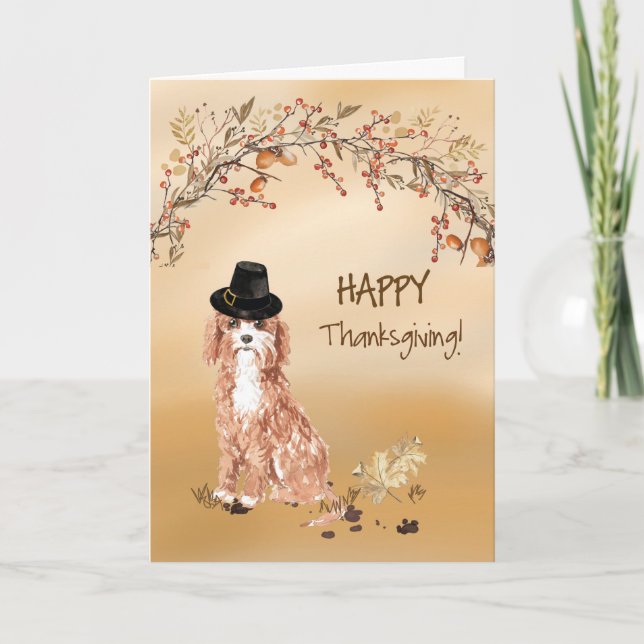 Cavapoo Funny Pilgrim Hat Thanksgiving Card (Front)