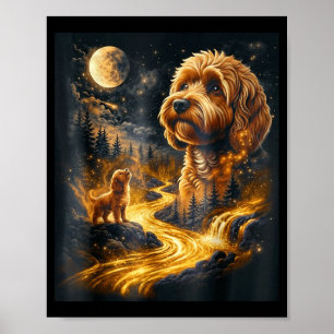 Cavapoo howling to the moon retro animal vintage poster