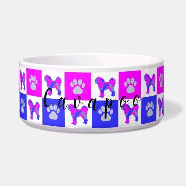 Cavapoo Silhouett Dog & Paw Hot Pink and Blue Bowl (Front)