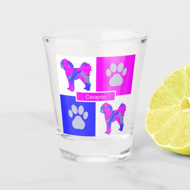 Cavapoo Silhouette Dog & Paw Pink and Blue Square Shot Glass (Front)
