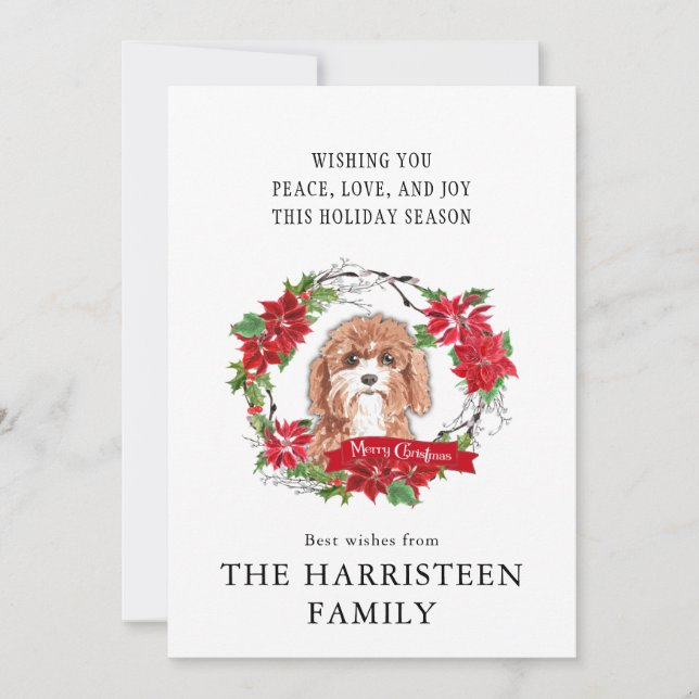 Cavapoo Watercolor Poinsettia Wreath Christmas Holiday Card (Front)
