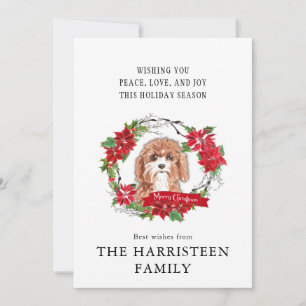 Cavapoo Watercolor Poinsettia Wreath Christmas Holiday Card