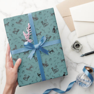 Cave Art Cats on Grey Cyan Wrapping Paper