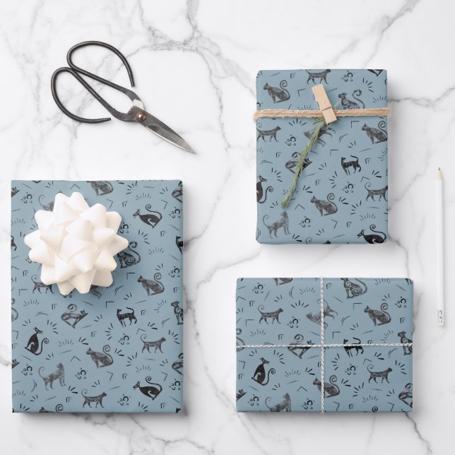 Cave Art Cats on Light Gray Azure Wrapping Paper Sheet (Front)