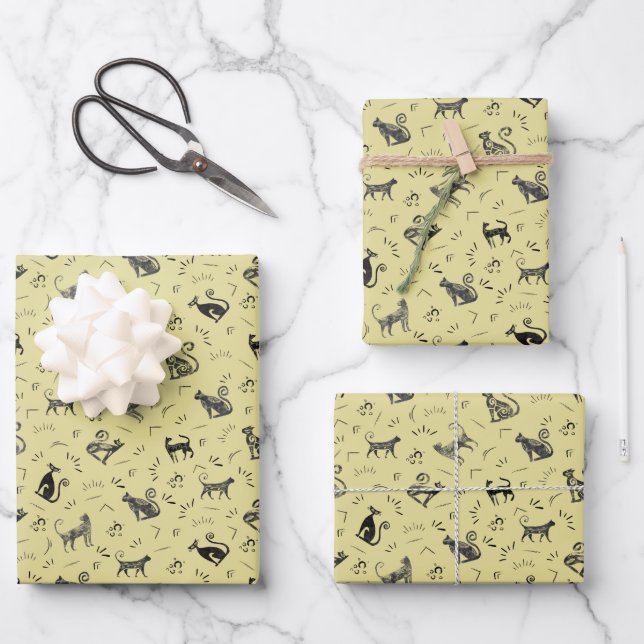 Cave Art Cats on Yellow Wrapping Paper Sheet (Front)
