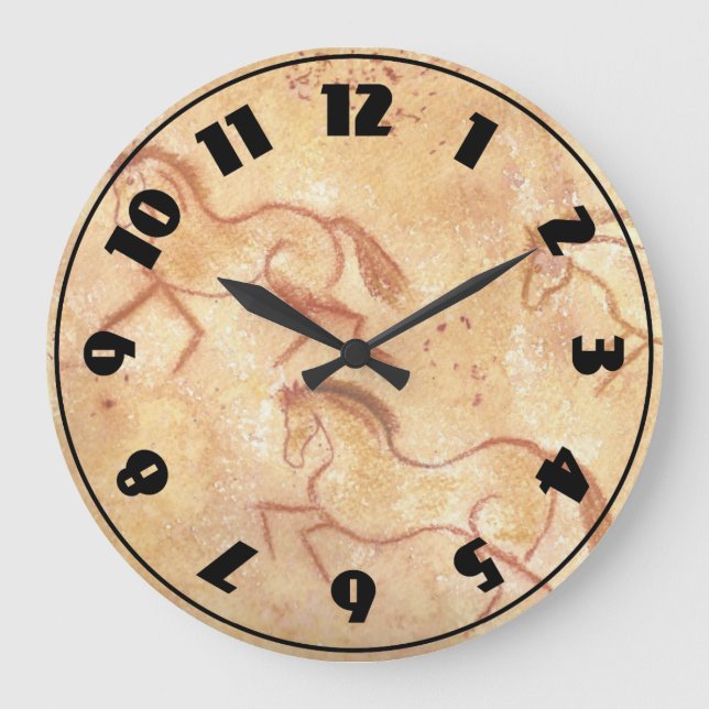 Cave Drawing Painting of Horses Large Clock (Front)