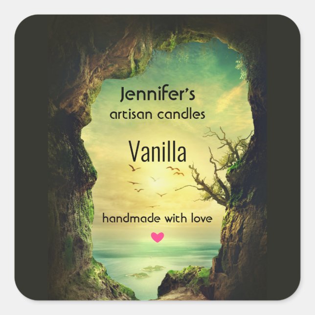 Cave overlooking a Tropical Sea Candle Biz Square Sticker (Front)