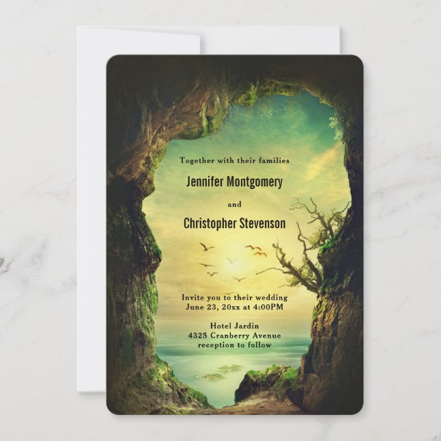 Cave overlooking a Tropical Sea Scenic Wedding Invitation (Front)