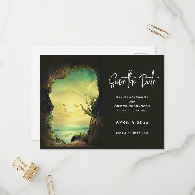 Cave overlooking the Sea Scenic Save the Date Invitation Postcard (Front/Back In Situ)