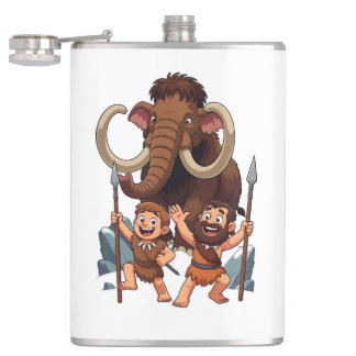 Caveman Dad and Son Mammoth Hunt Hip Flask
