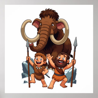 Caveman Dad and Son Mammoth Hunt Poster