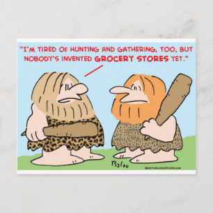 caveman invented grocery stores postcard