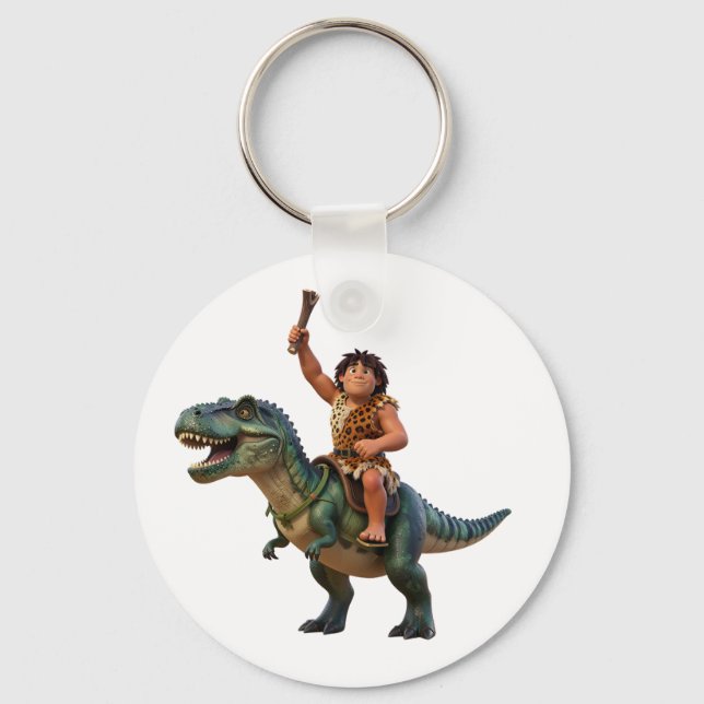 Caveman Riding Dinosaur Cartoon Image Keychain (Front)