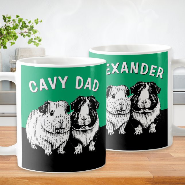 Cavy Dad Personalized Guinea Pig Lover Green Coffee Mug (A personalized mug for the dedicated 'Cavy Dad', in green with retro guinea pigs illustration)