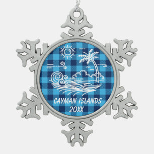 Cayman Islands on Blue Buffalo Check Christmas Snowflake Pewter Christmas Ornament