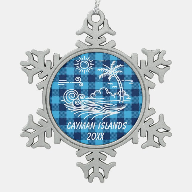 Cayman Islands on Blue Buffalo Check Christmas Snowflake Pewter Christmas Ornament (Front)