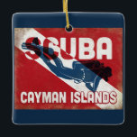 Cayman Islands Scuba Diver - Blue Retro Ceramic Ornament<br><div class="desc">Cayman Islands Caribbean scuba diving design. A vintage style retro red scuba flag background with navy blue scuba diver.</div>
