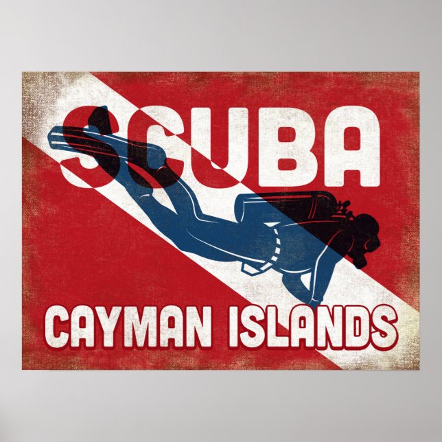 Cayman Islands Scuba Diver - Blue Retro Poster (Front)