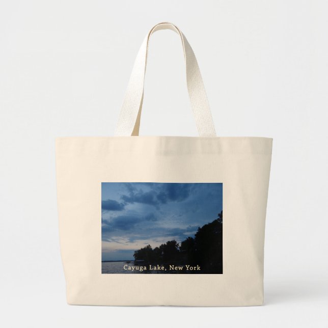 Cayuga Lake Blue Sunset Large Tote Bag (Front)