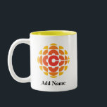 CBC 1974 Logo Personalized Two-Tone Mug<br><div class="desc">Created by Burton Kramer, a designer and artist whose work is featured as part of the permanent collection at the Smithsonian Institute. Sometimes called the exploding pizza or pineapple, Burton Kramer's modernist logo features the letter "C" for Canada at its core. According to the CBC's 1974 corporate manual, "the overall...</div>