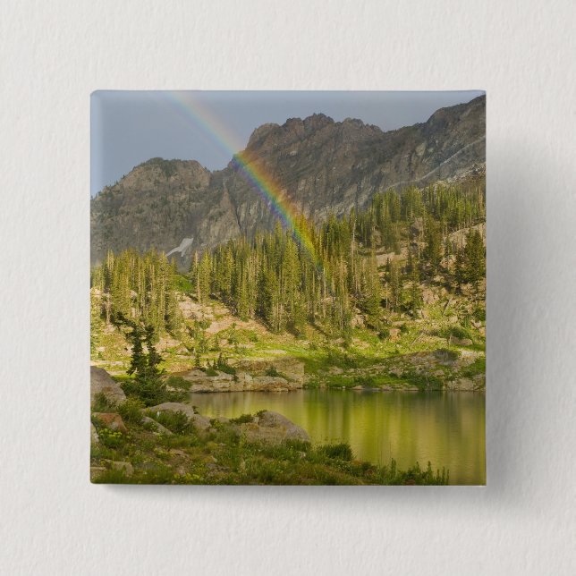 Cecret Lake with rainbow over Devil's Castle, 2 Inch Square Button (Front)