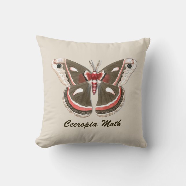 Cecropia Moth Throw Pillow - Beige w/Text (Front)