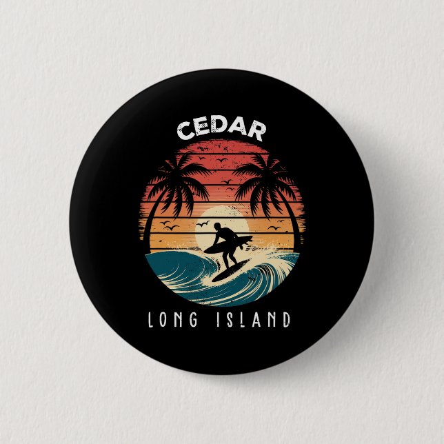 Cedar Beach Long Island Surfboard Waves Beach  2 Inch Round Button (Front)