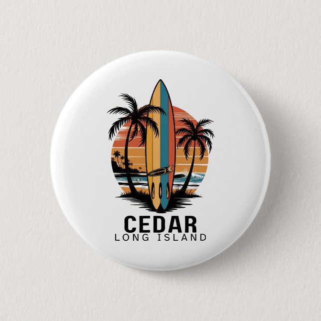 Cedar Beach Long Island Surfing Surfer _1  2 Inch Round Button (Front)