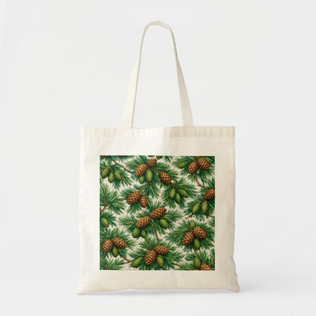 Cedar Cones and Evergreen Branches Botanical Tote Bag (Front)