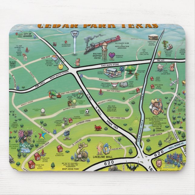 Cedar Park Texas Cartoon Map Mouse Pad (Front)