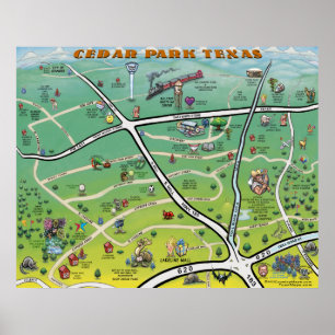 Cedar Park Texas Cartoon Map Poster