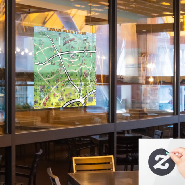 Cedar Park Texas Cartoon Map Window Cling (Restaurant Window)