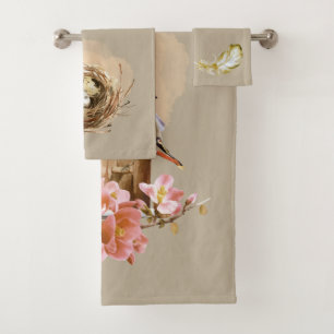 Cedar Wax Birdhouse Flowers Nest Feather Brown Bath Towel Set