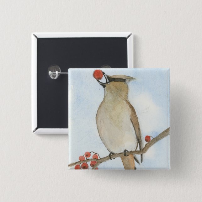 Cedar Waxwing 2 Inch Square Button (Front & Back)