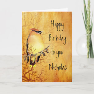 Cedar Waxwing Bird Custom Name Birthday Card