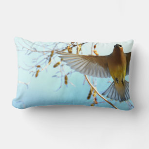 Cedar Waxwing in Flight/Pale Blue Sky Lumbar Pillow