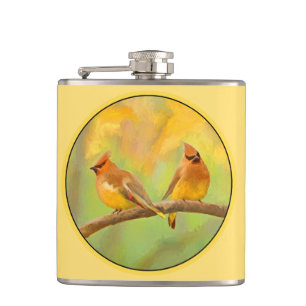Cedar Waxwing Painting - Cute Original Dog Art Hip Flask